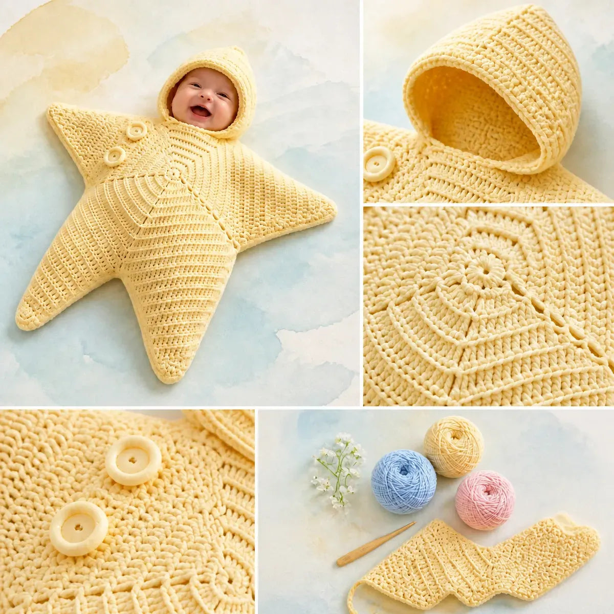 Personalized Hand Crocheted Star Baby Cocoon, Custom Embroidered Name Hooded Newborn Sleep Sack, Baby Shower Gift The 'Little Star' Hand-Knit Baby Swaddle