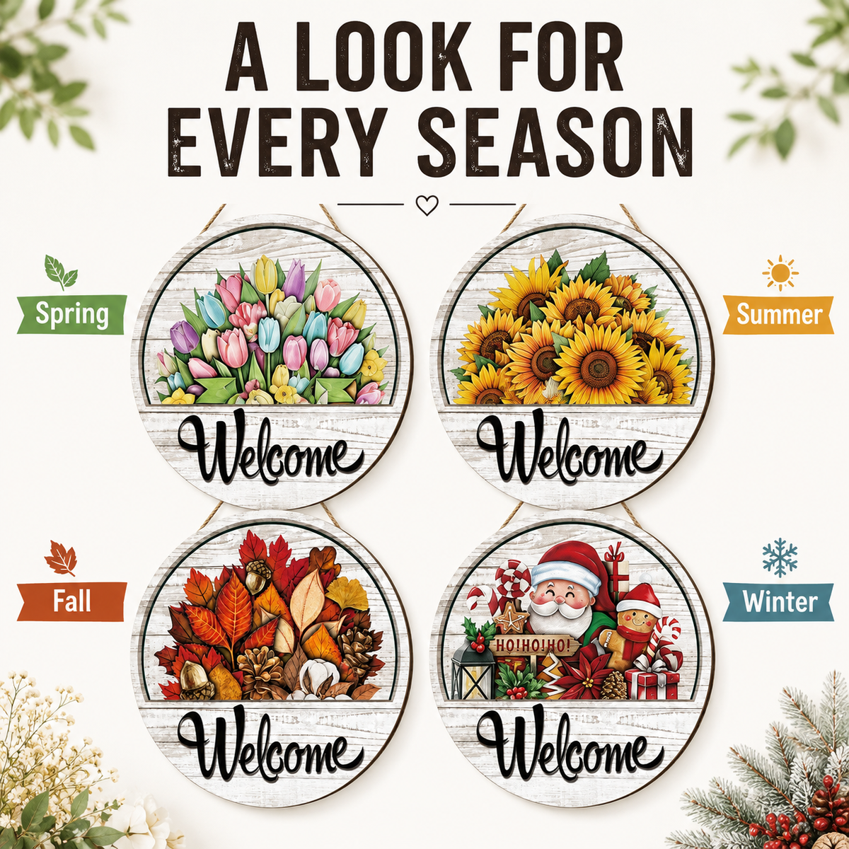 Interchangeable seasonal welcome sign displayed at a home entrance