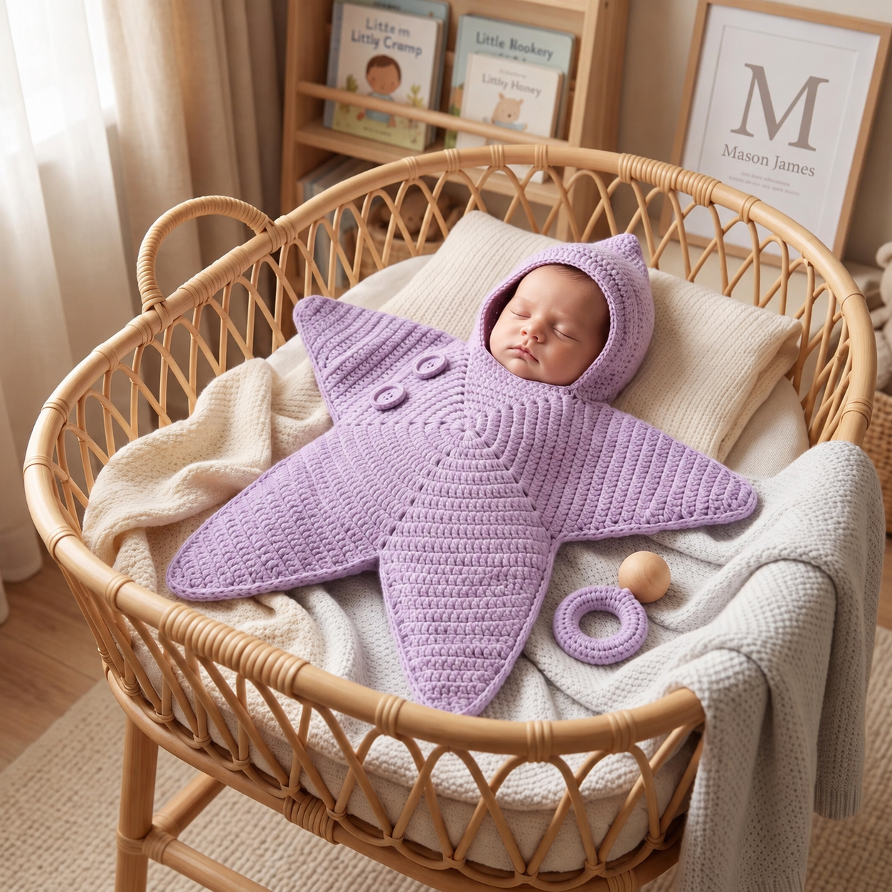 Personalized Hand Crocheted Star Baby Cocoon, Custom Embroidered Name Hooded Newborn Sleep Sack, Baby Shower Gift The 'Little Star' Hand-Knit Baby Swaddle