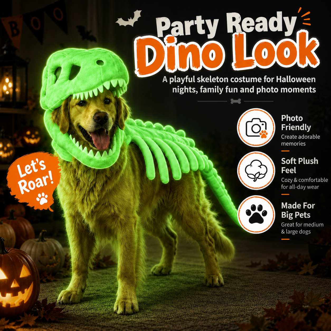 🦖 T-Rex Dinosaur Dog Costume | Glow Skeleton Halloween Outfit For Pets