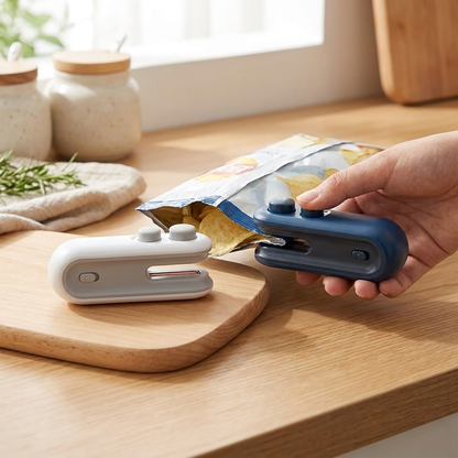 Mini Bag Sealer - lifestyle primary photo, sealing snack bag in kitchen