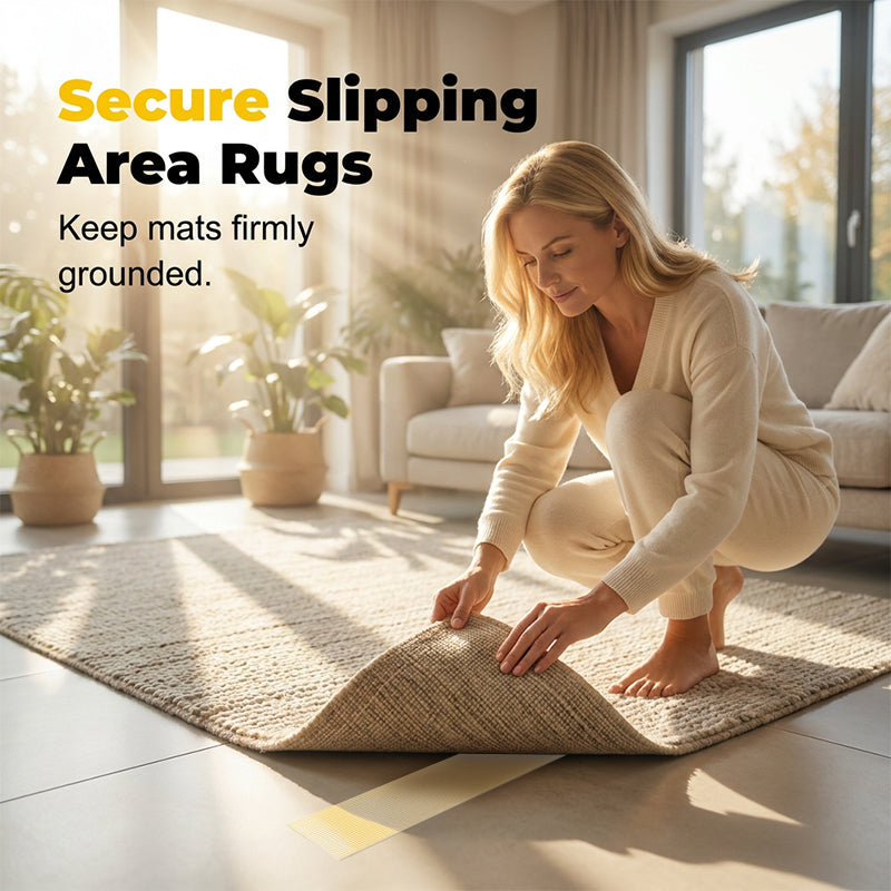 Tape helping secure an area rug